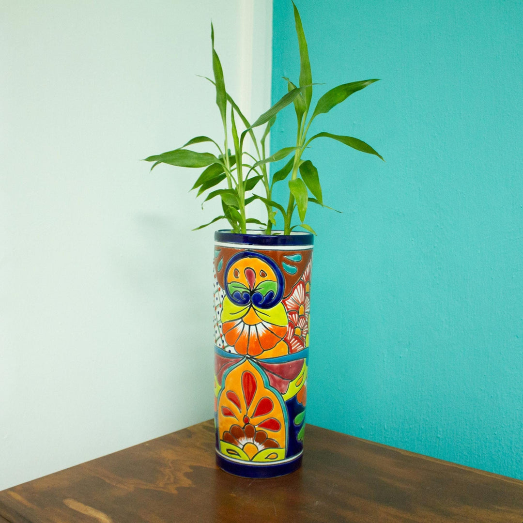 Cylindrical Talavera-Style Ceramic Vase from Mexico - Cylindrical Talavera