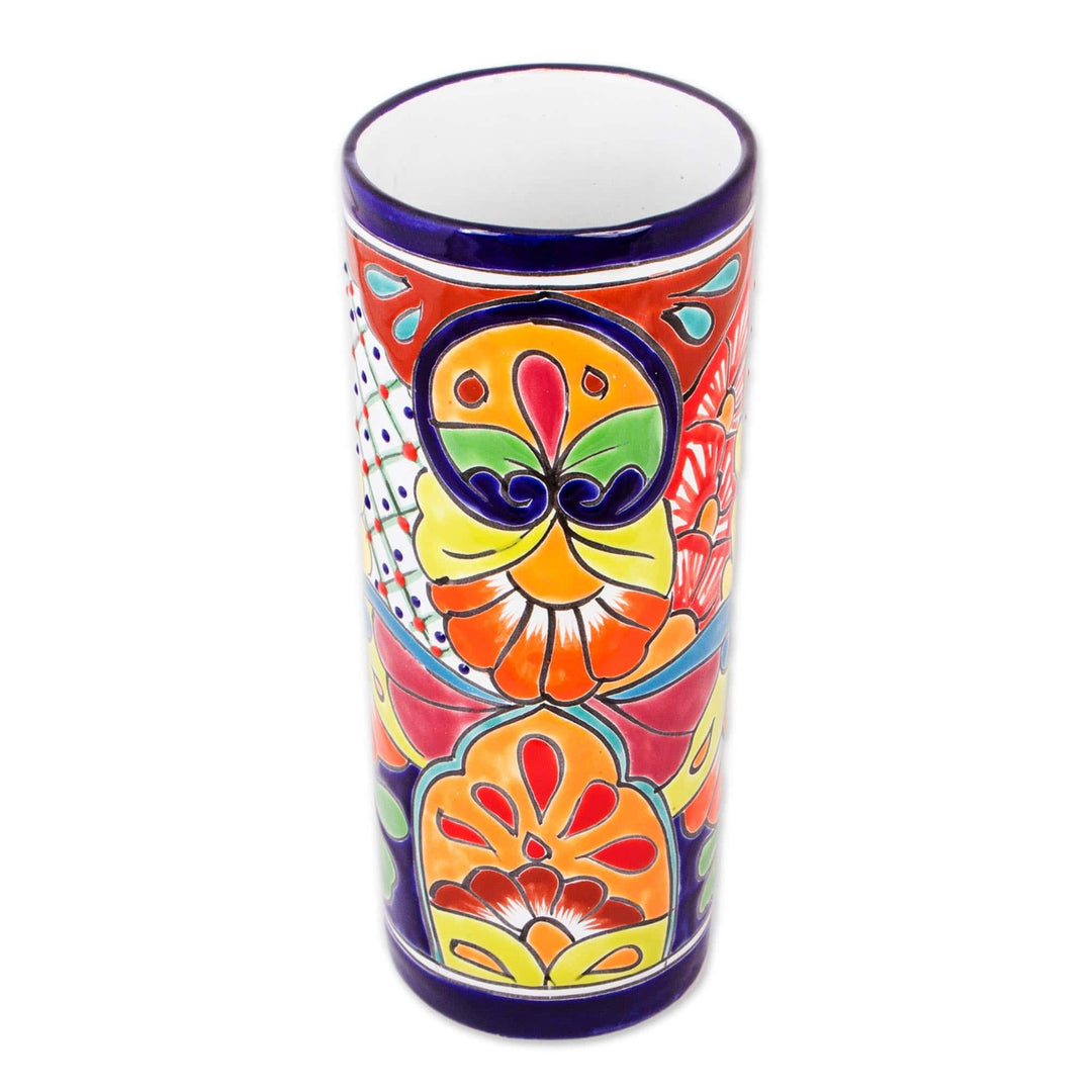 Cylindrical Talavera-Style Ceramic Vase from Mexico - Cylindrical Talavera