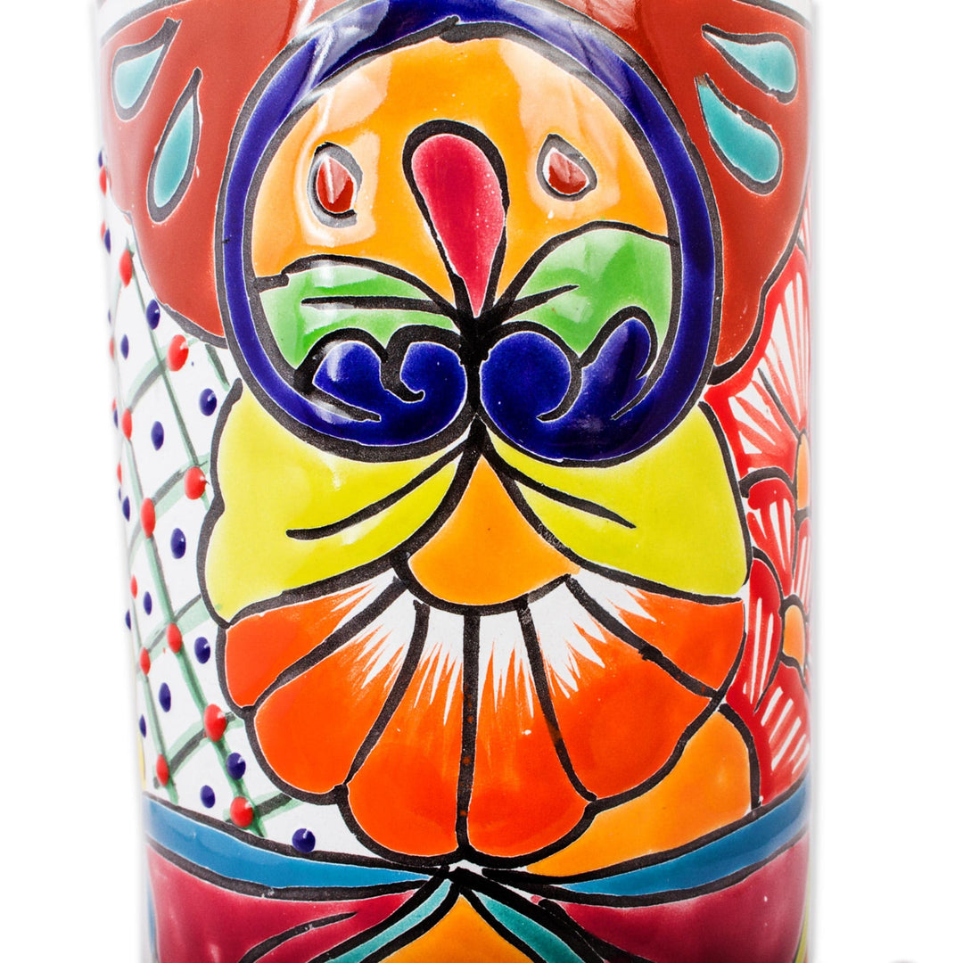 Cylindrical Talavera-Style Ceramic Vase from Mexico - Cylindrical Talavera