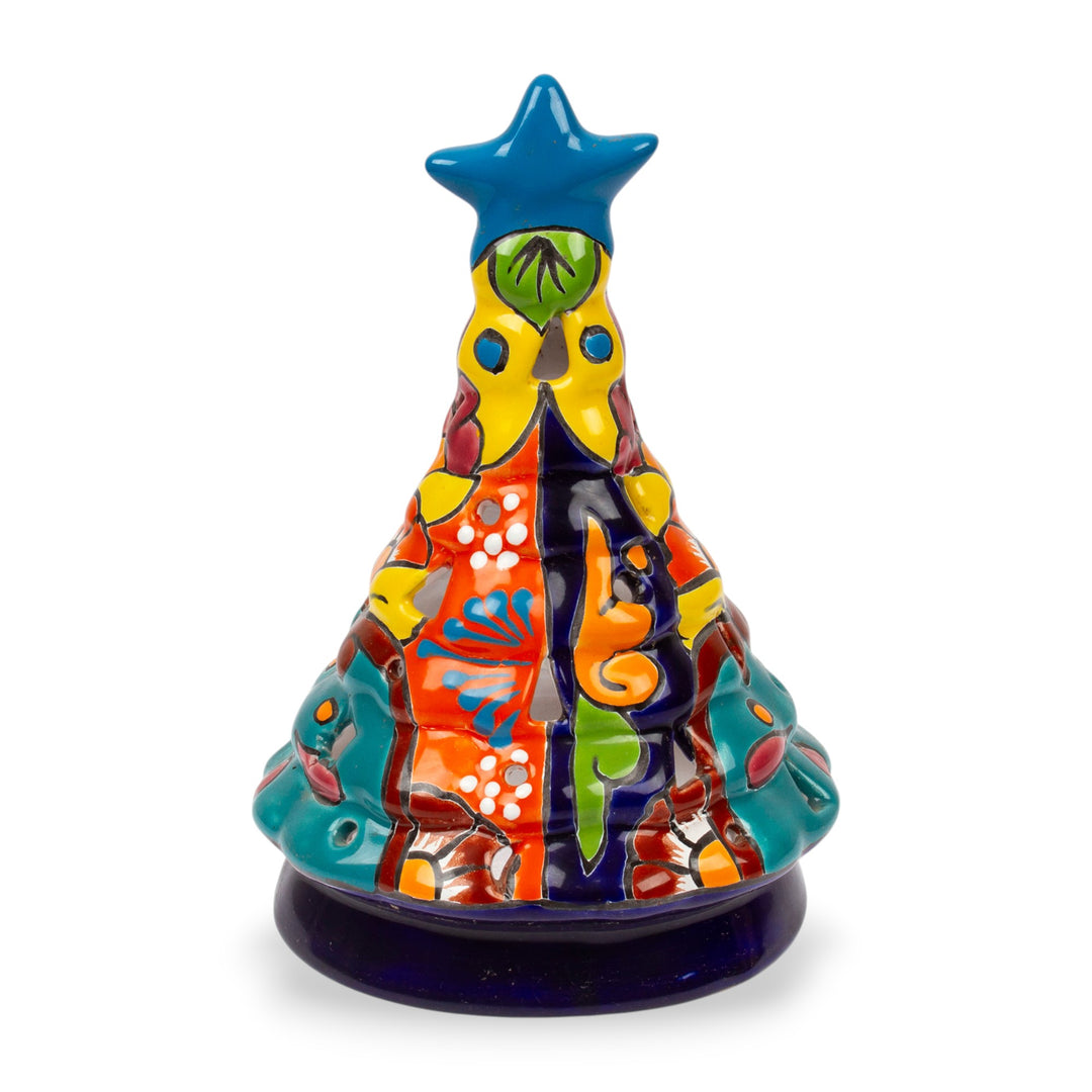 Talavera-Style Ceramic Christmas Tree Lantern from Mexico - Christmas Pine