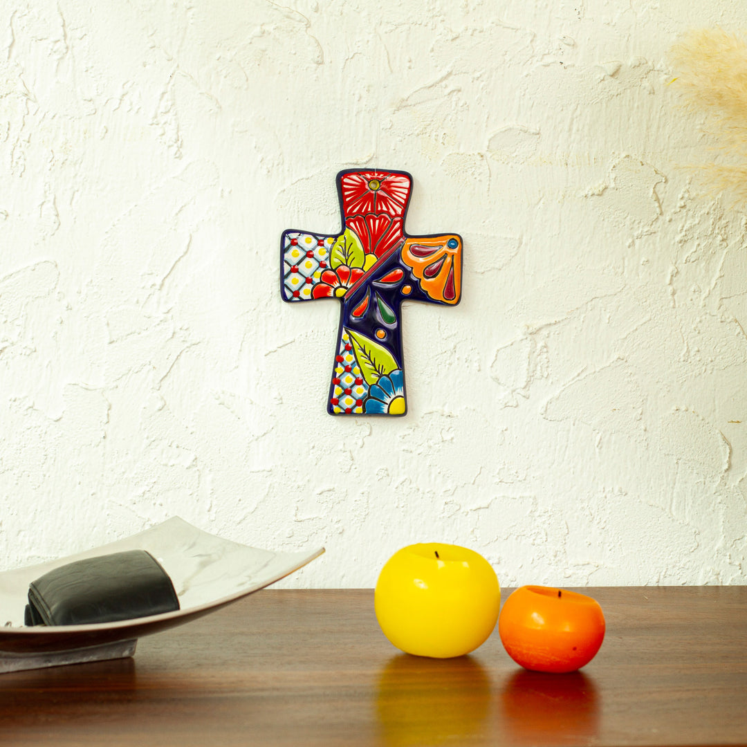 Talavera-Style Ceramic Wall Cross from Mexico - Spanish Faith