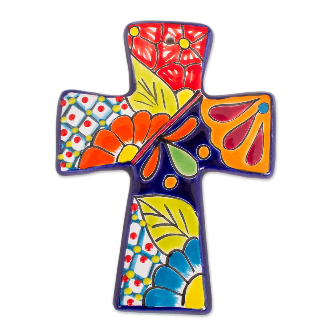Talavera-Style Ceramic Wall Cross from Mexico - Spanish Faith
