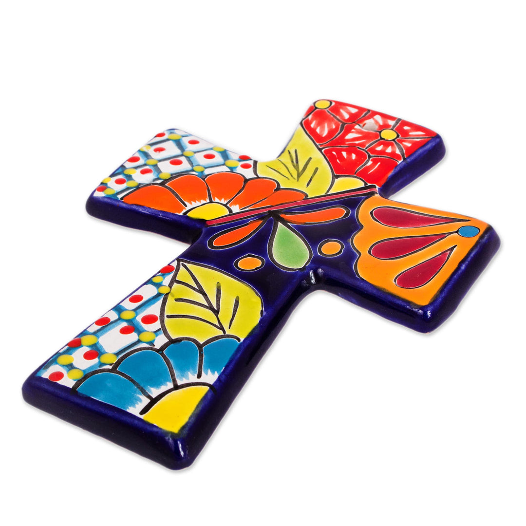 Talavera-Style Ceramic Wall Cross from Mexico - Spanish Faith