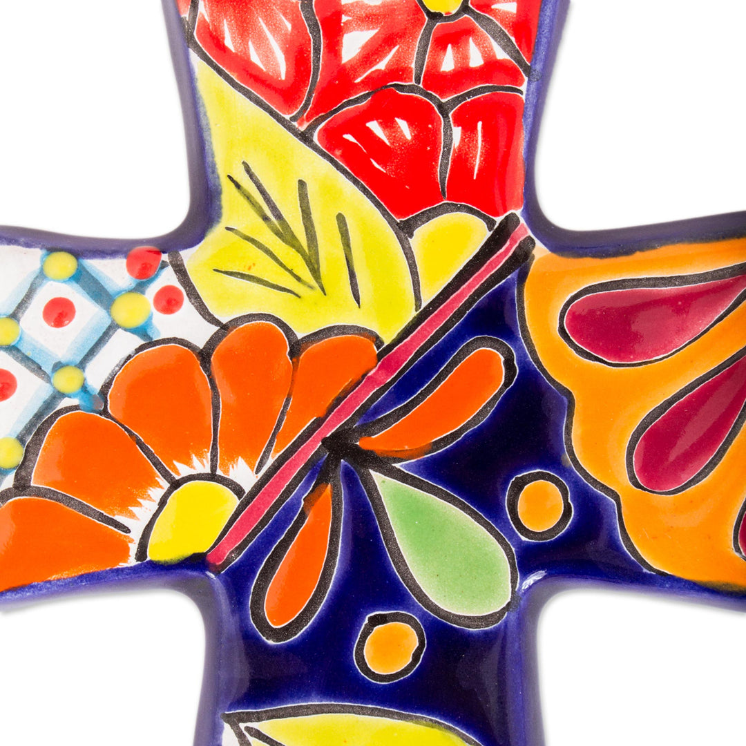 Talavera-Style Ceramic Wall Cross from Mexico - Spanish Faith