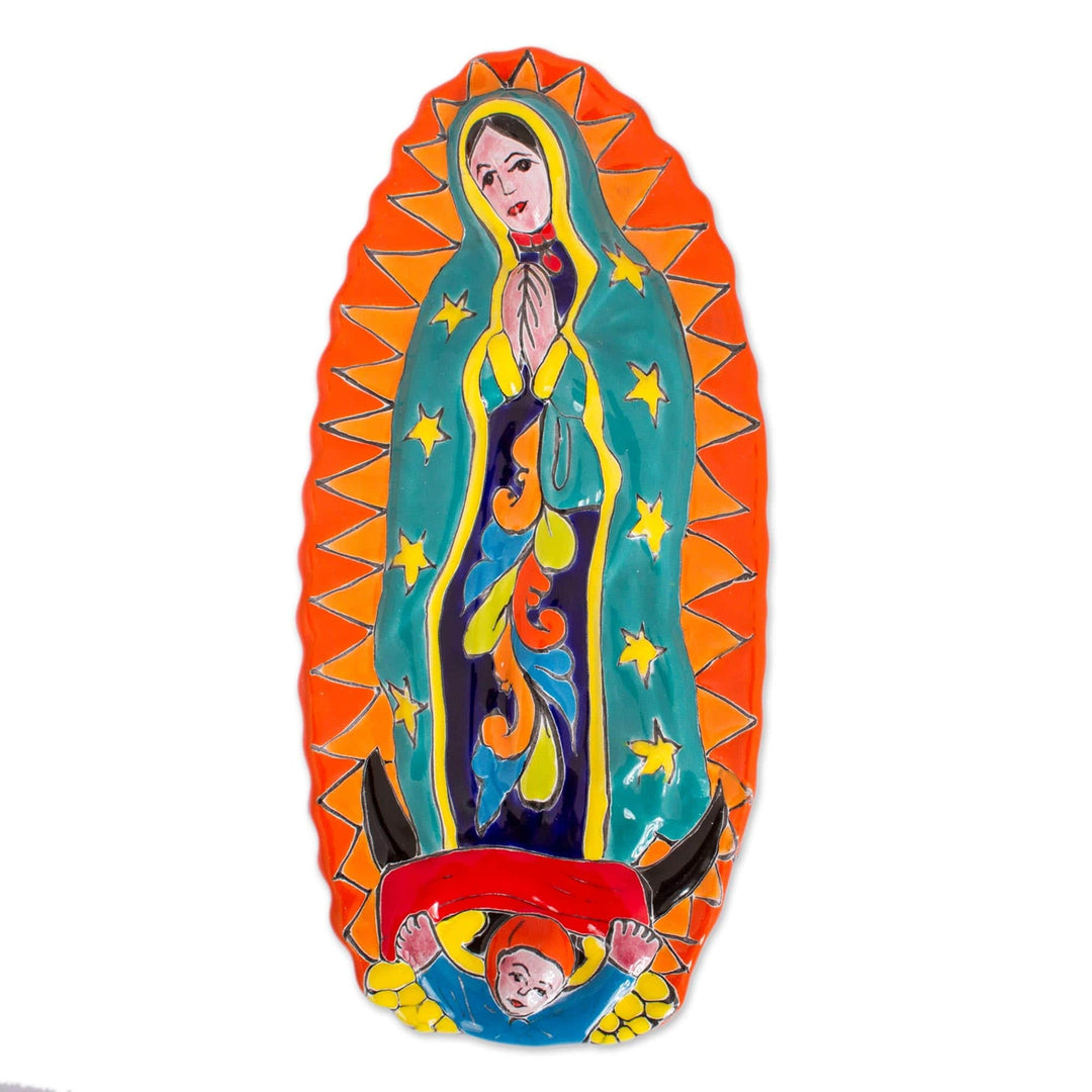 Talavera-Style Ceramic Wall Sculpture of the Virgin Mary - Talavera Guadalupe in Orange