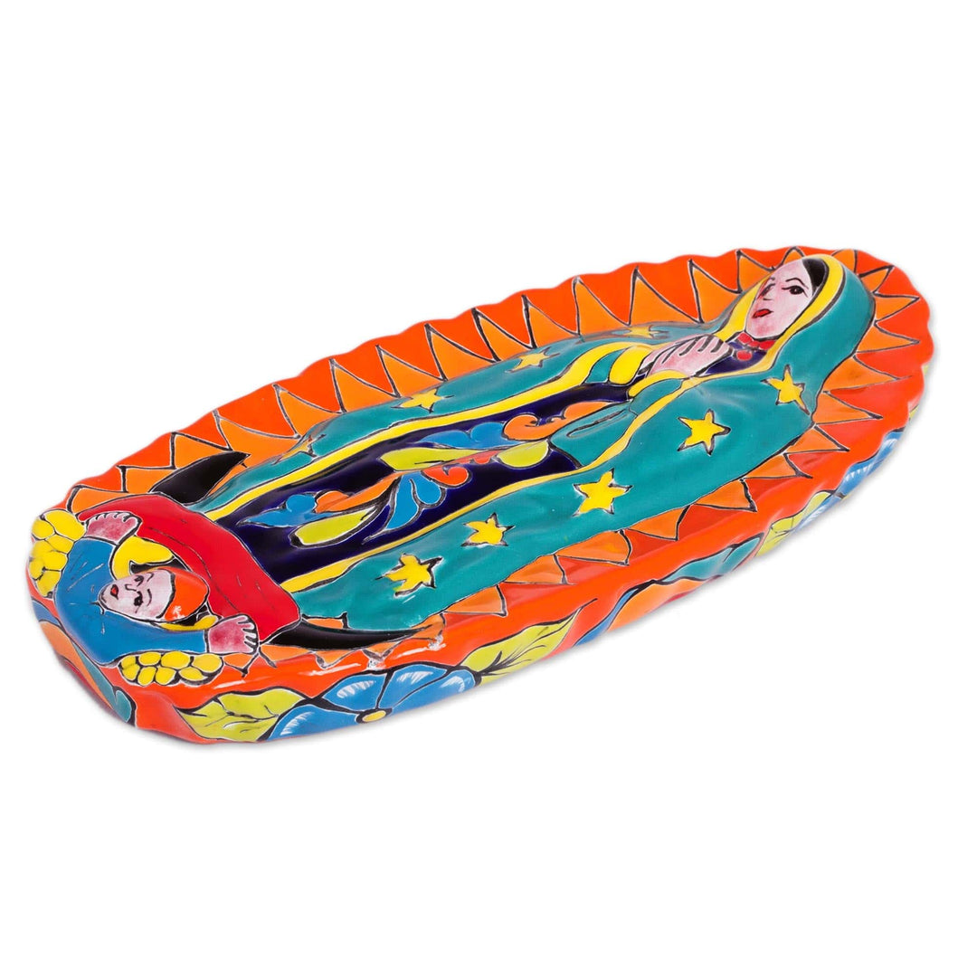 Talavera-Style Ceramic Wall Sculpture of the Virgin Mary - Talavera Guadalupe in Orange