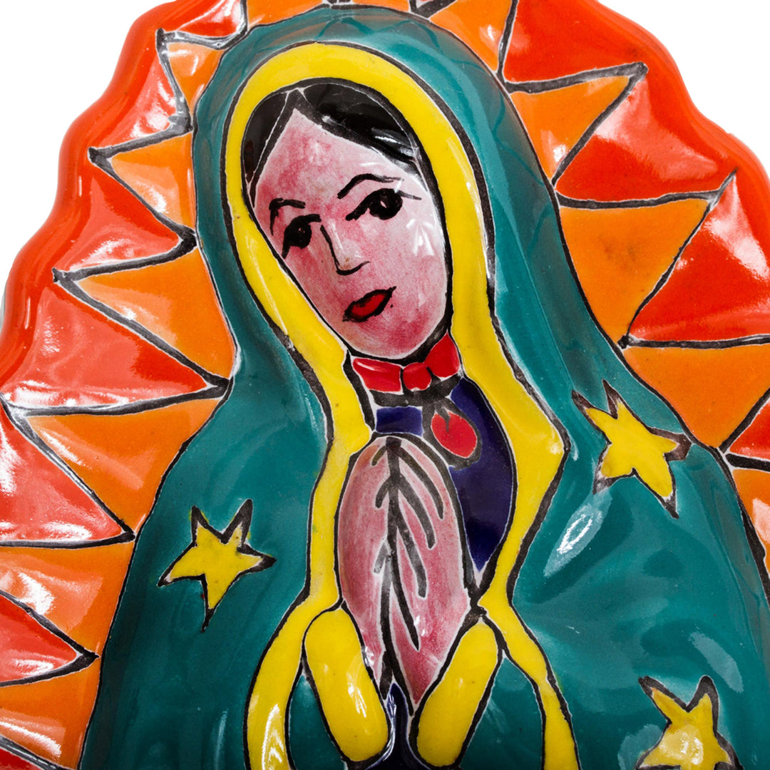 Talavera-Style Ceramic Wall Sculpture of the Virgin Mary - Talavera Guadalupe in Orange