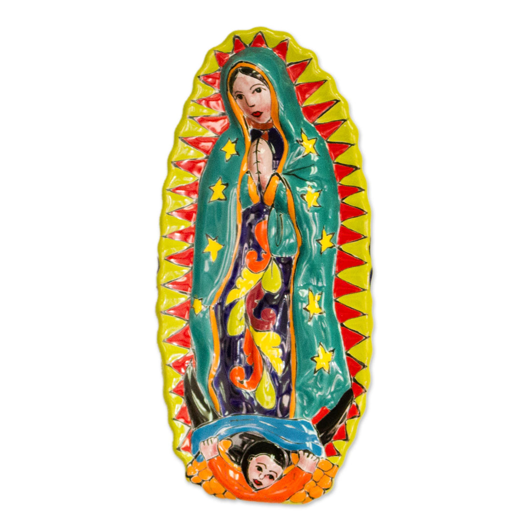 Mother Mary Talavera-Style Ceramic Wall Sculpture - Talavera Guadalupe in Green