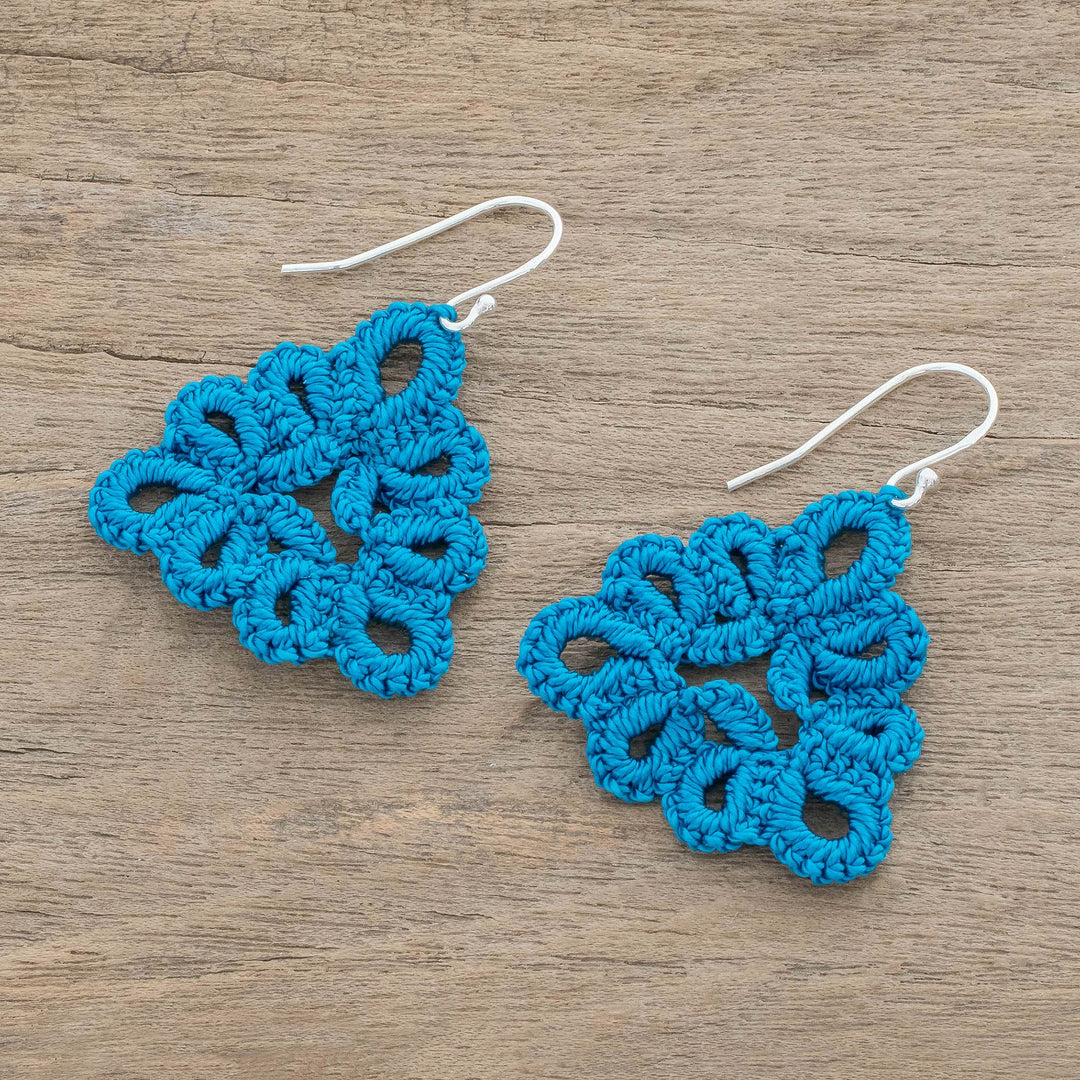 Hand-Tatted Triangular Dangle Earrings in Azure - Petal Essence in Azure