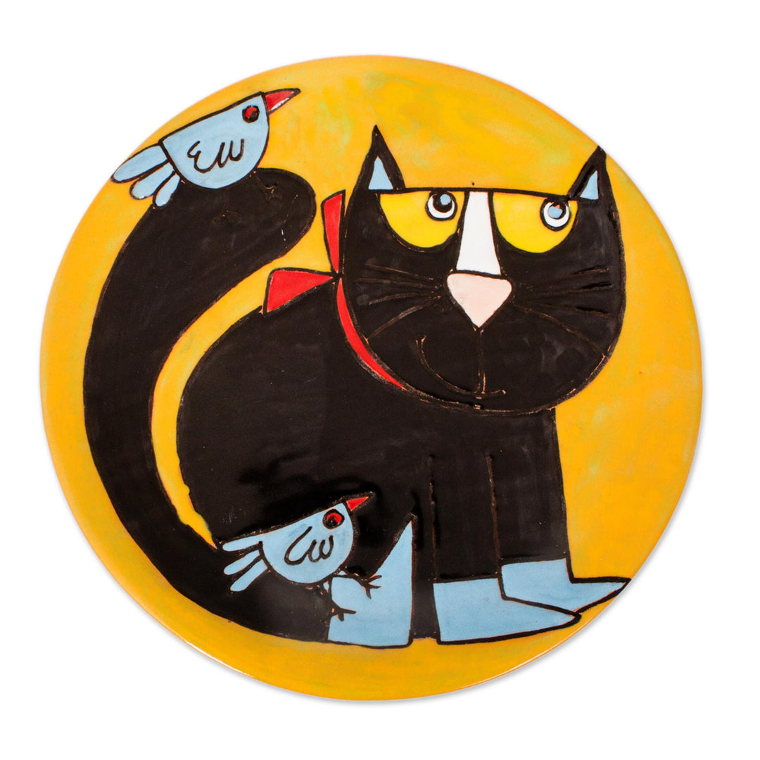 Handcrafted Black Cat with Birds Ceramic Decorative Plate - Cat and Birds