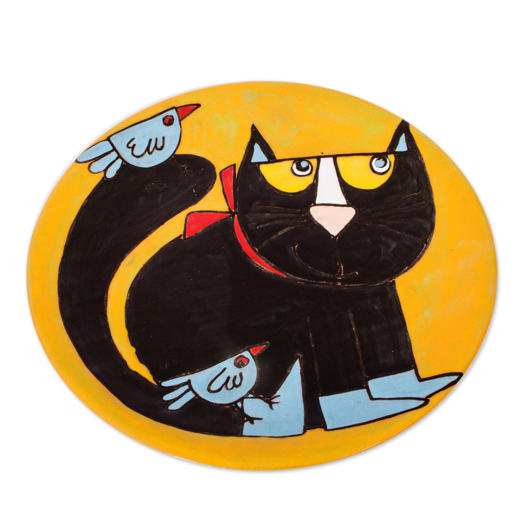 Handcrafted Black Cat with Birds Ceramic Decorative Plate - Cat and Birds