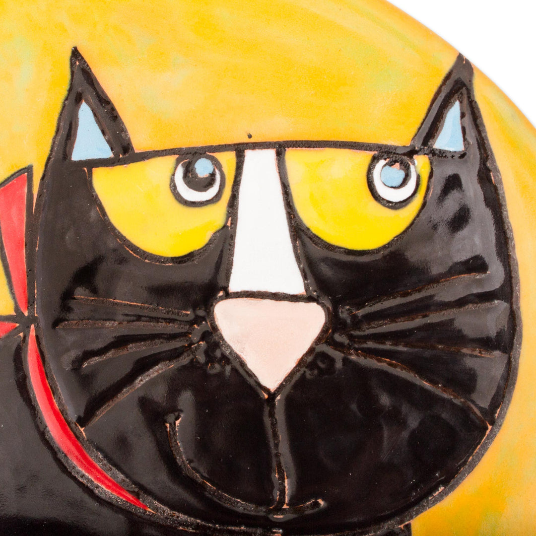 Handcrafted Black Cat with Birds Ceramic Decorative Plate - Cat and Birds