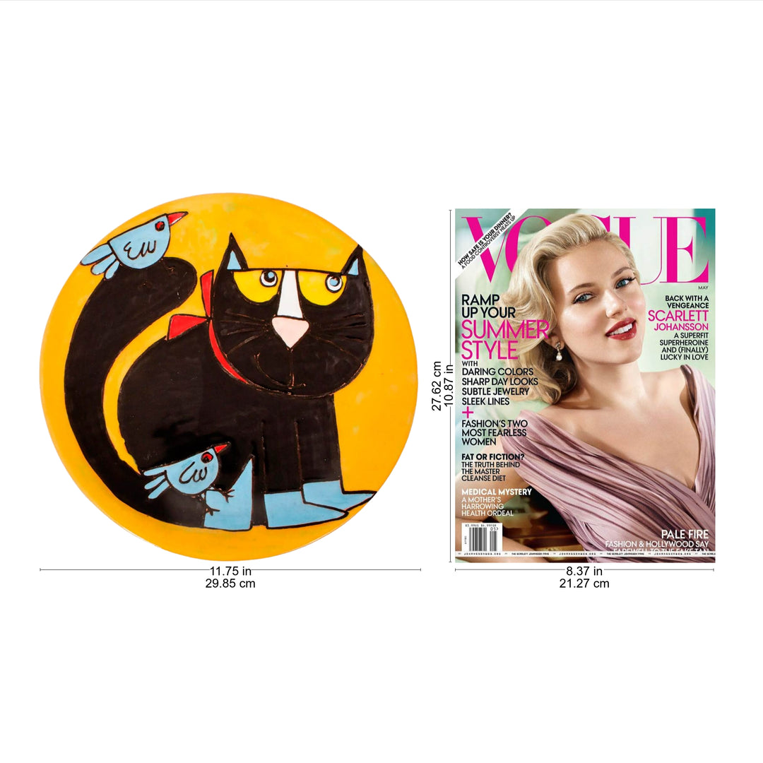 Handcrafted Black Cat with Birds Ceramic Decorative Plate - Cat and Birds