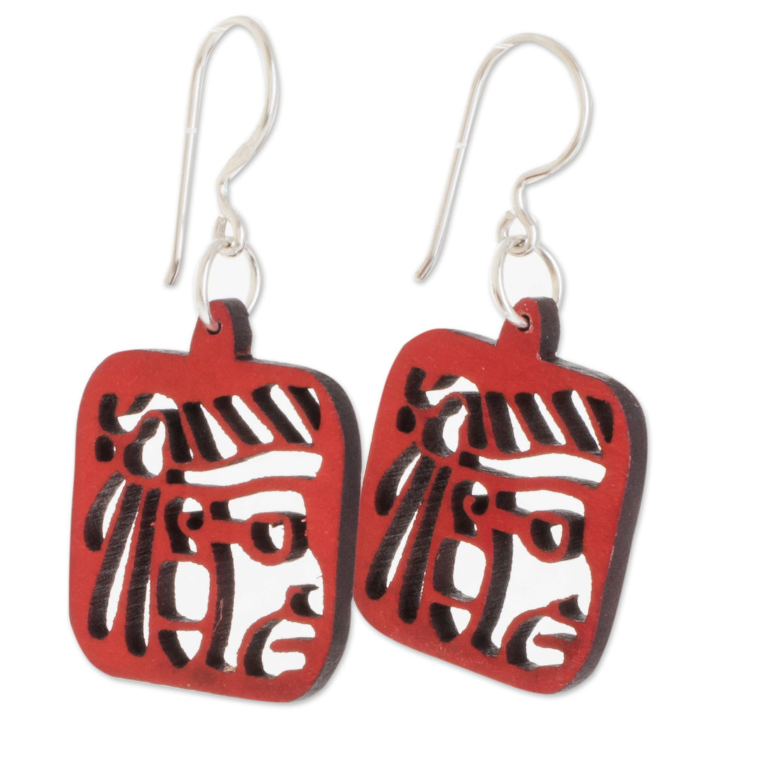 Mayan-Themed Recycled Wood Dangle Earrings in Red - Mayan Essence in Red