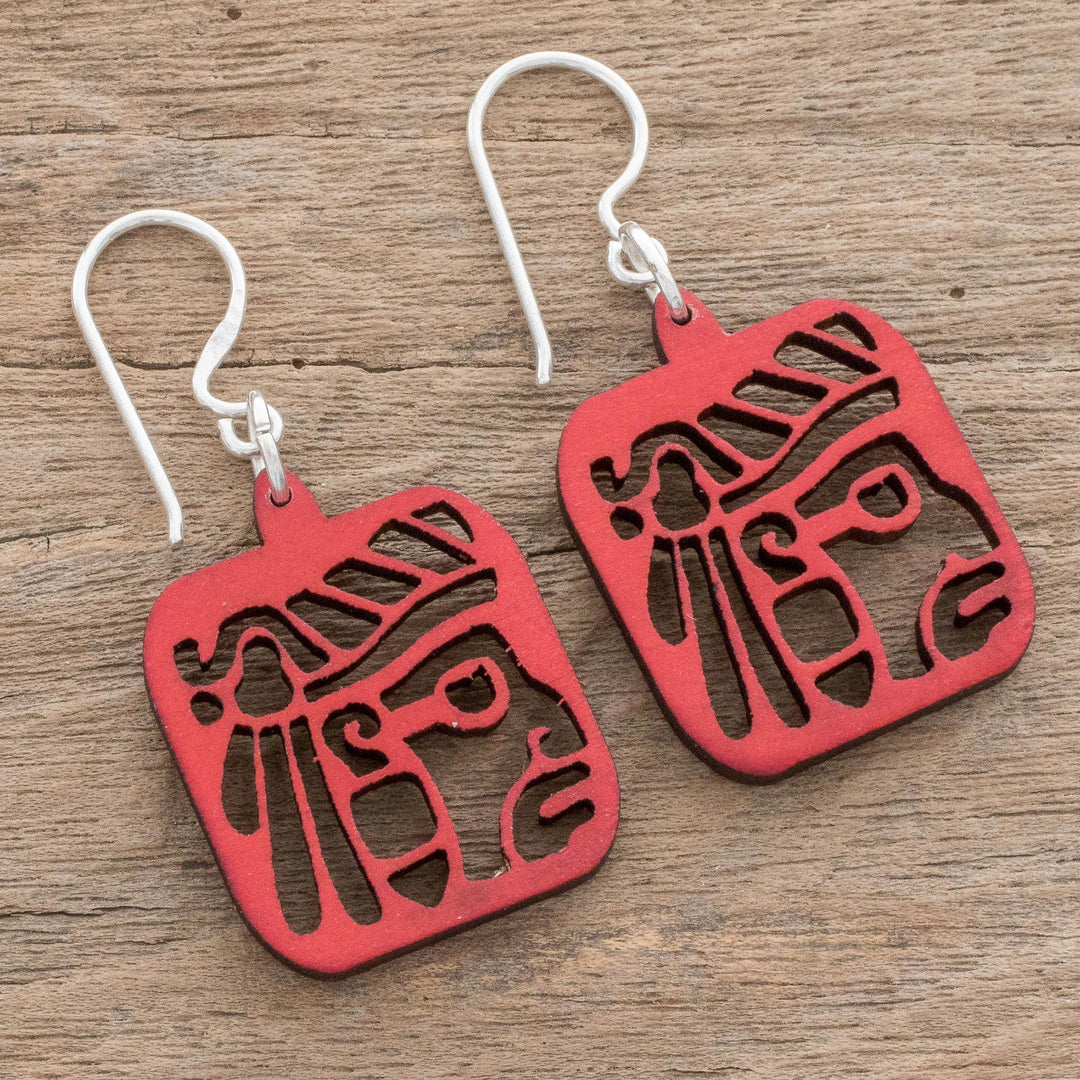 Mayan-Themed Recycled Wood Dangle Earrings in Red - Mayan Essence in Red