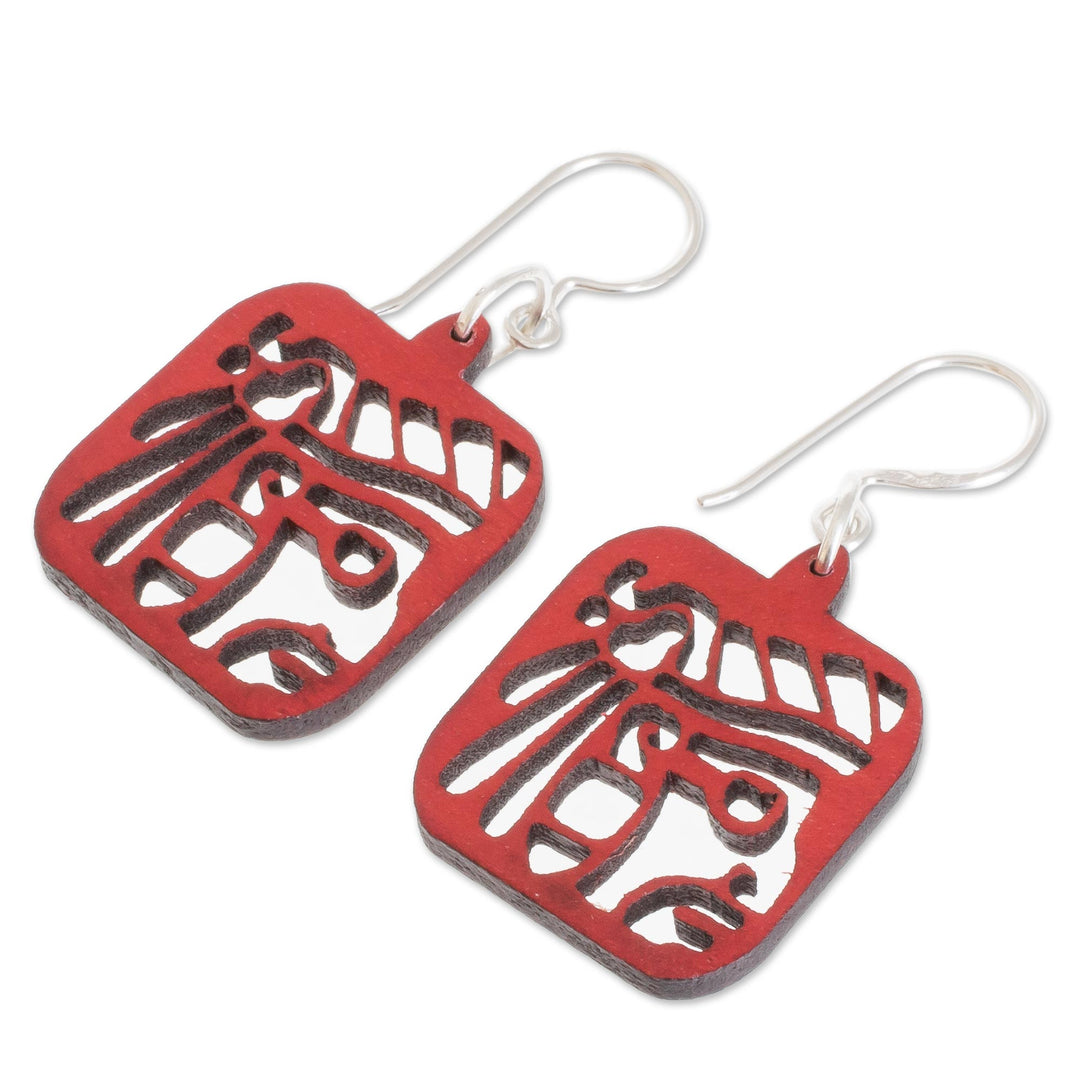 Mayan-Themed Recycled Wood Dangle Earrings in Red - Mayan Essence in Red