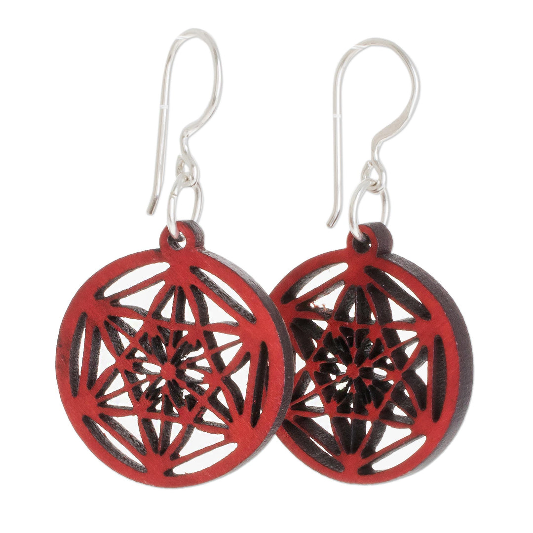 Star Pattern Recycled Wood Dangle Earrings in Red - Stellar Magic in Red