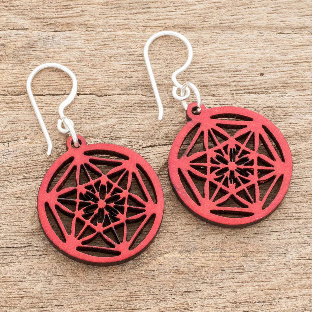 Star Pattern Recycled Wood Dangle Earrings in Red - Stellar Magic in Red