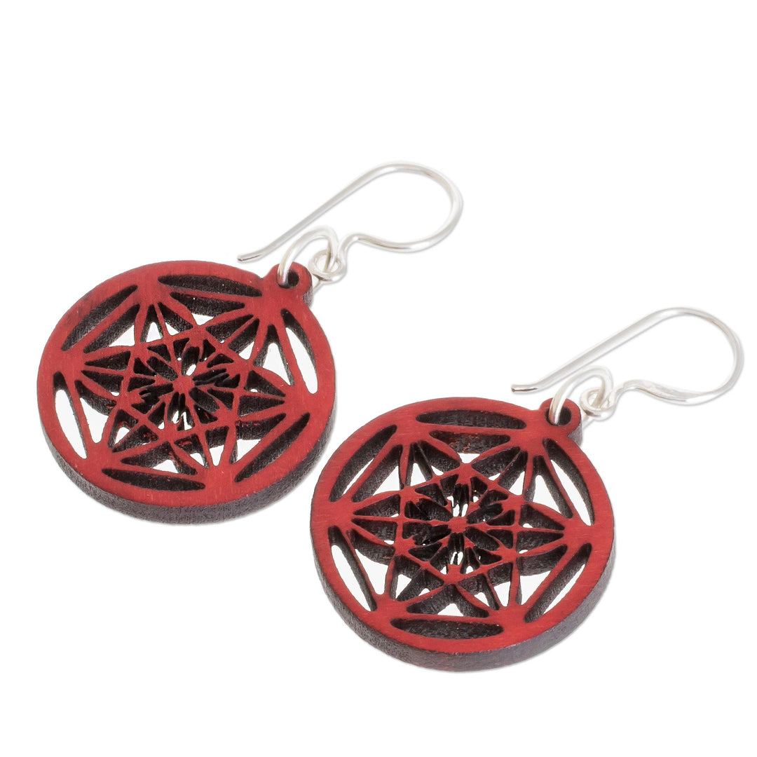 Star Pattern Recycled Wood Dangle Earrings in Red - Stellar Magic in Red