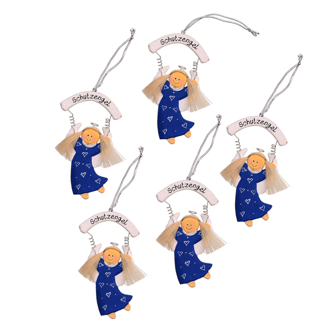 Blue Wood Guardian Angel Ornaments from Bali (Set of 5) - Schutzengel in Blue
