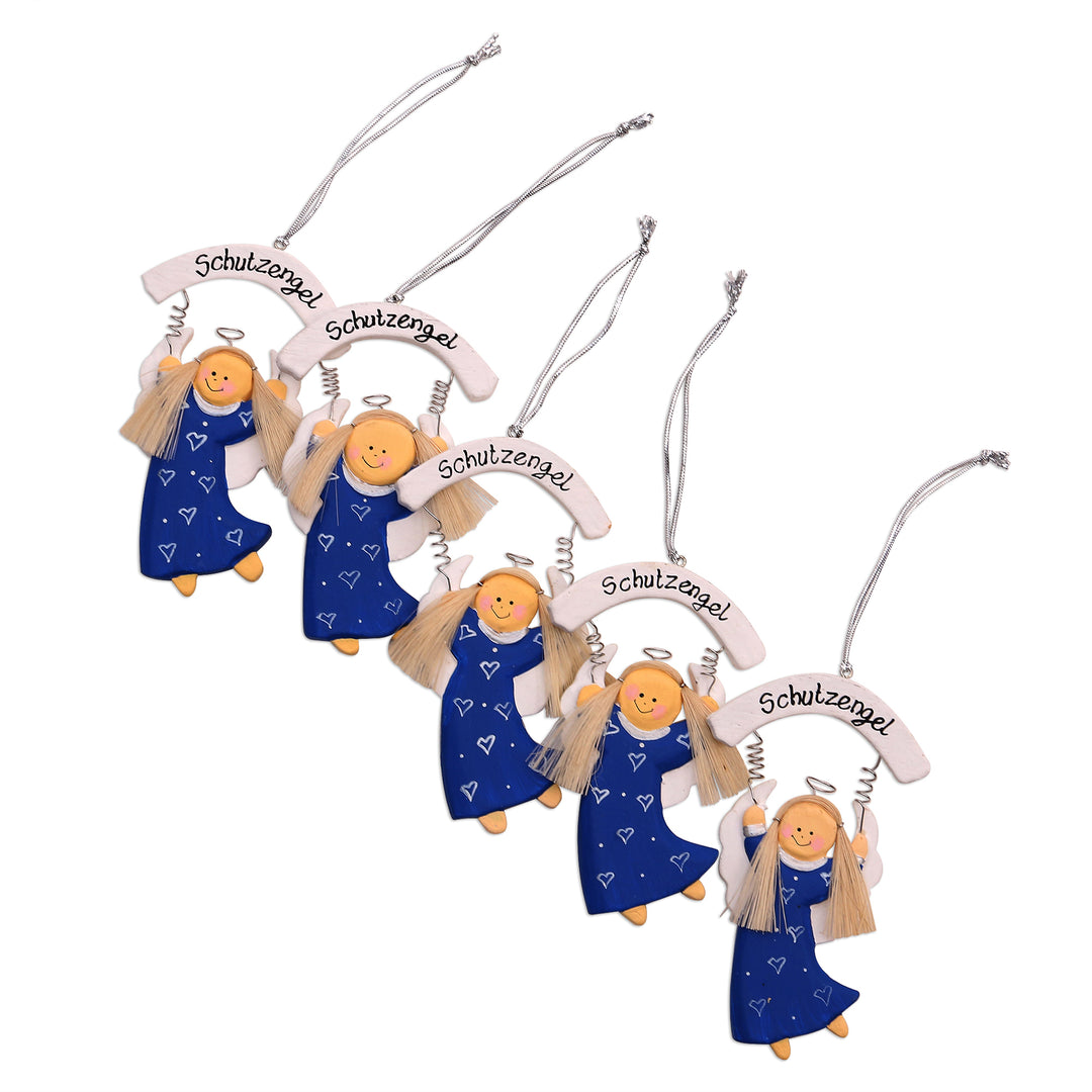 Blue Wood Guardian Angel Ornaments from Bali (Set of 5) - Schutzengel in Blue