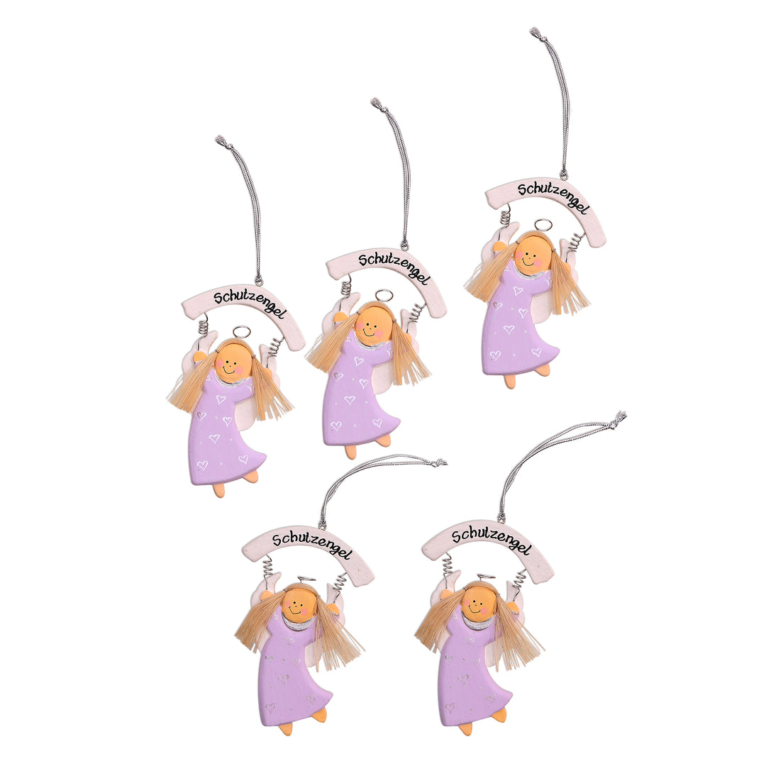 Purple Wood Guardian Angel Ornaments from Bali (Set of 5) - Schutzengel in Purple
