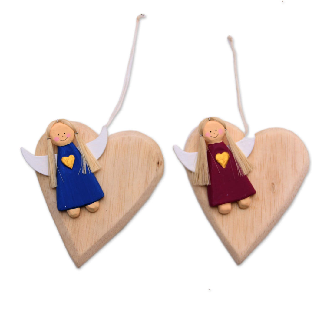Heart-Shaped Albesia Wood Angel Ornaments from Bali (Pair) - Heart of Angels
