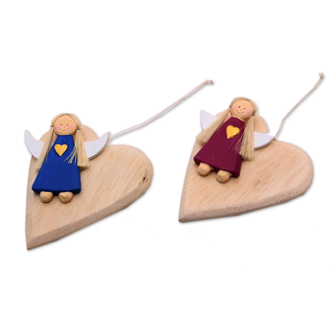 Heart-Shaped Albesia Wood Angel Ornaments from Bali (Pair) - Heart of Angels