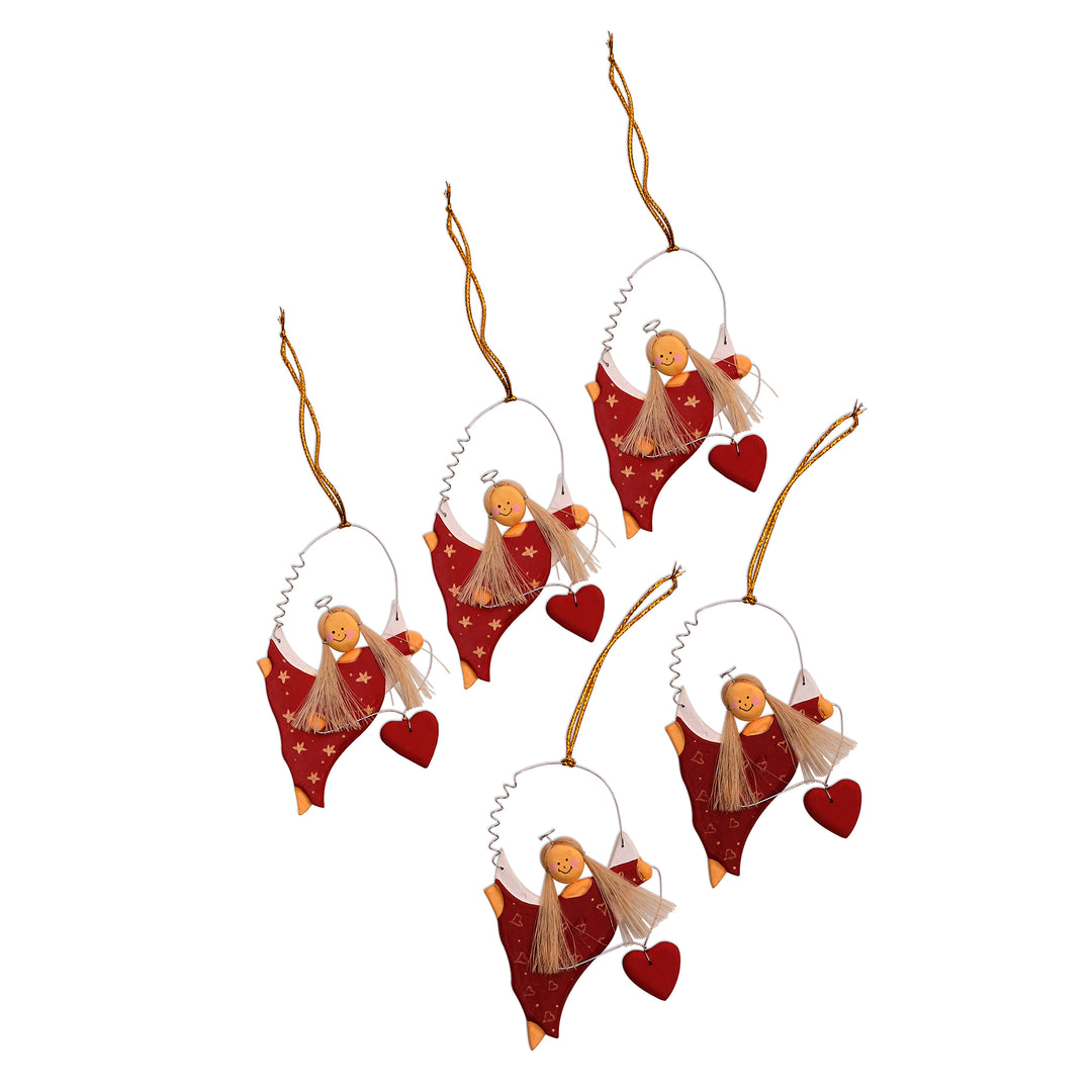 Heart-Themed Wood Angel Ornaments in Red (Set of 5) - Angels Giving Love