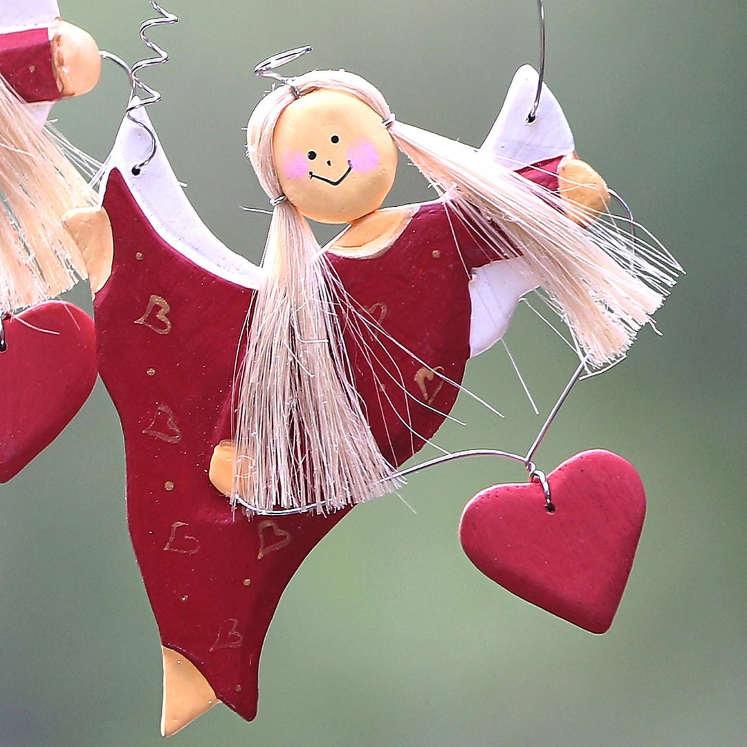 Heart-Themed Wood Angel Ornaments in Red (Set of 5) - Angels Giving Love