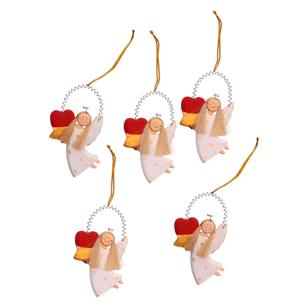 Heart-Themed Wood Angel Ornaments in White (Set of 5) - Loving Angels