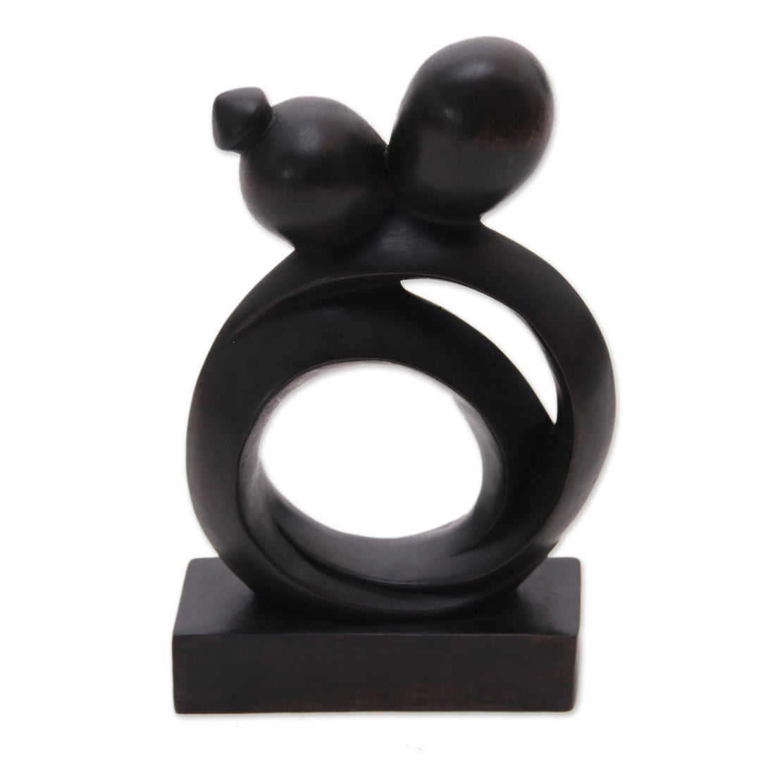 Abstract Romantic Black Suar Wood Sculpture from Indonesia - Caring Couple