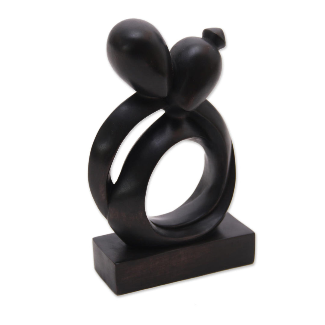 Abstract Romantic Black Suar Wood Sculpture from Indonesia - Caring Couple
