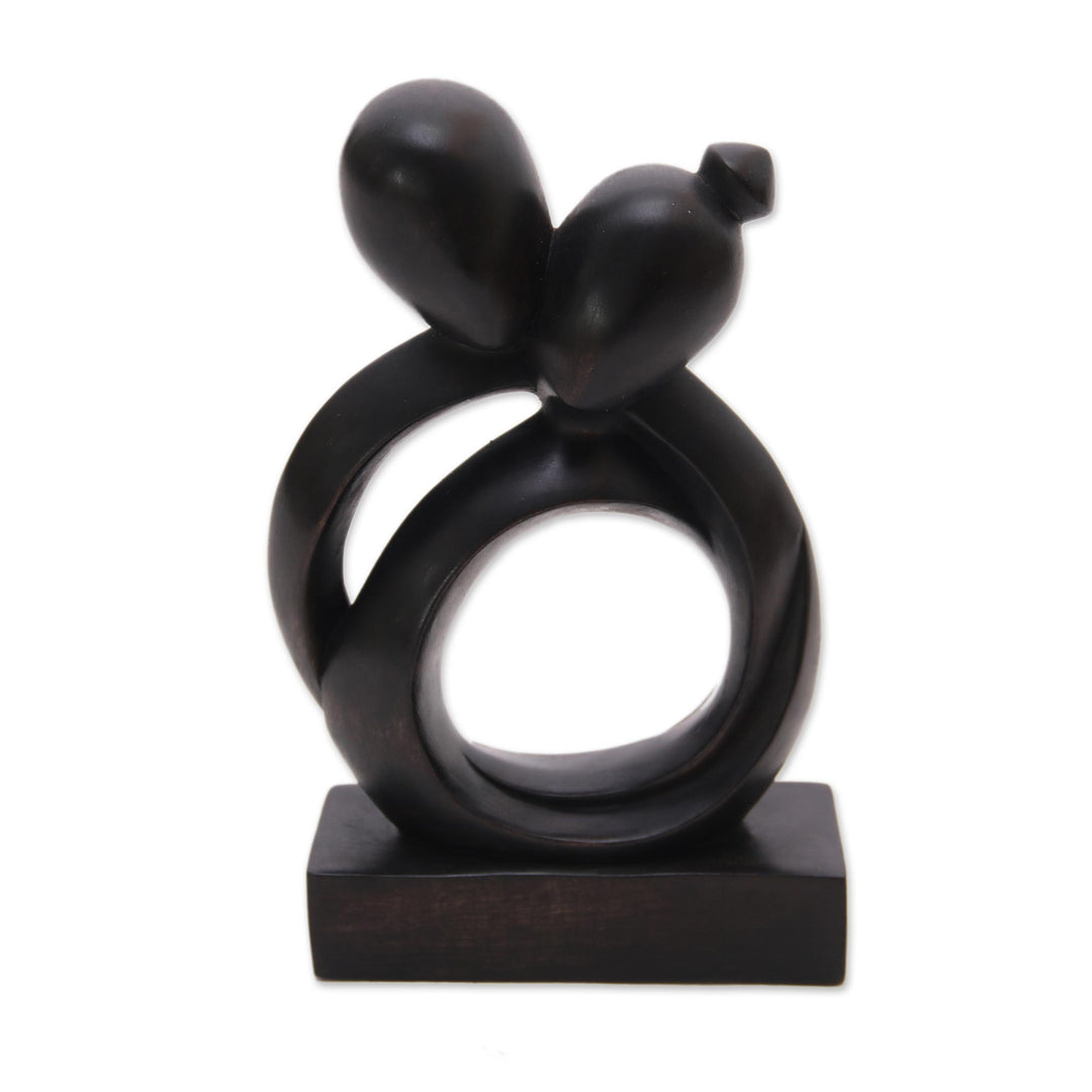 Abstract Romantic Black Suar Wood Sculpture from Indonesia - Caring Couple