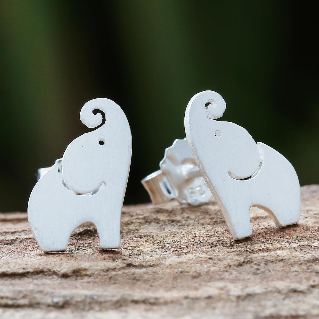 Brushed-Satin Sterling Silver Elephant Stud Earrings - Singing Elephants