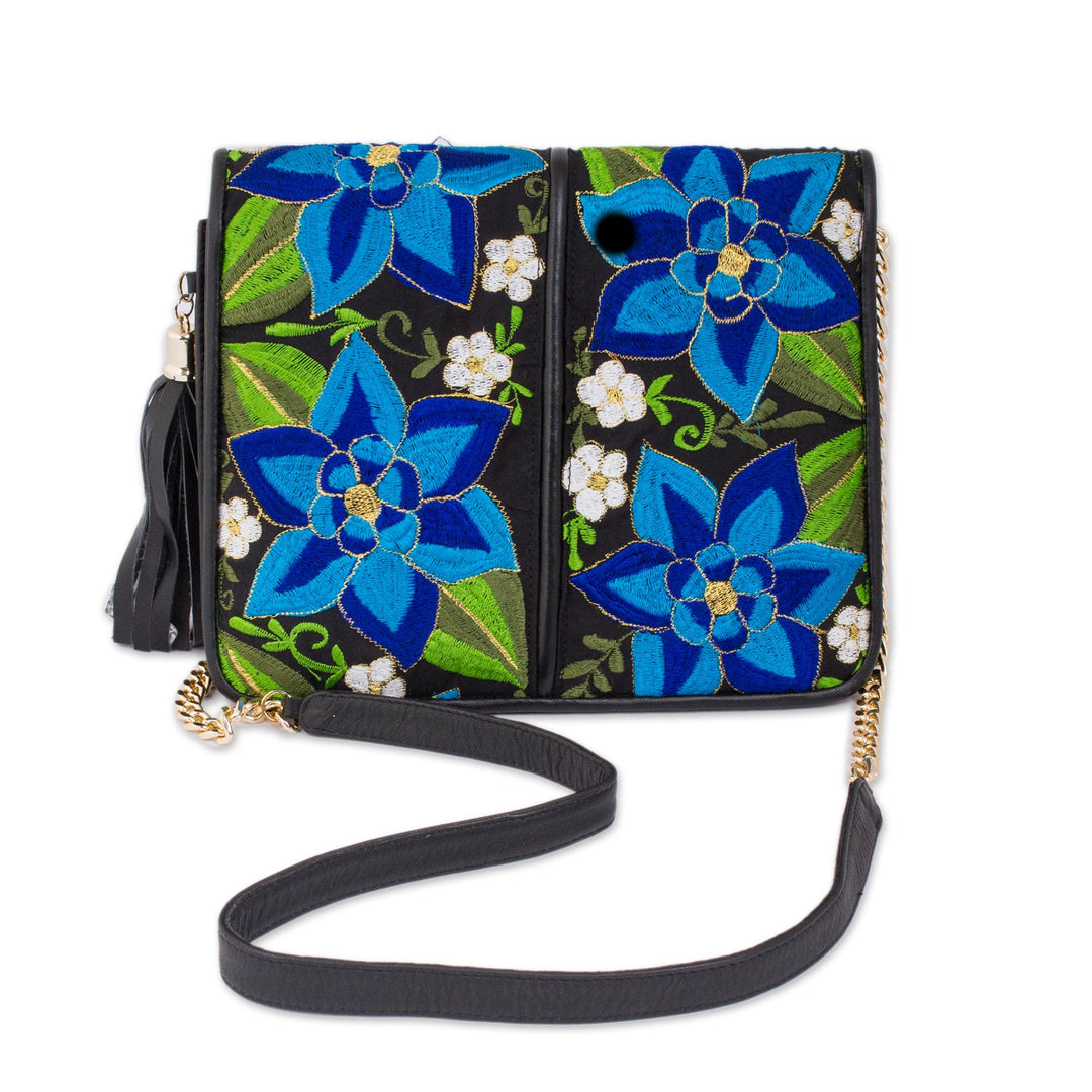 Leather Accented Cotton Sling with Blue Floral Embroidery - Yucatan Flowers