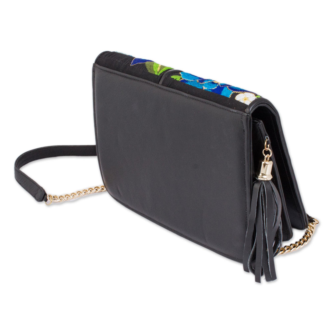 Leather Accented Cotton Sling with Blue Floral Embroidery - Yucatan Flowers