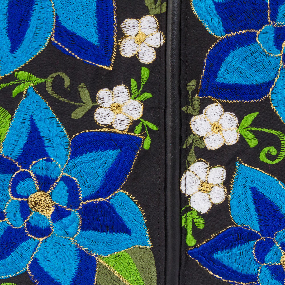 Leather Accented Cotton Sling with Blue Floral Embroidery - Yucatan Flowers