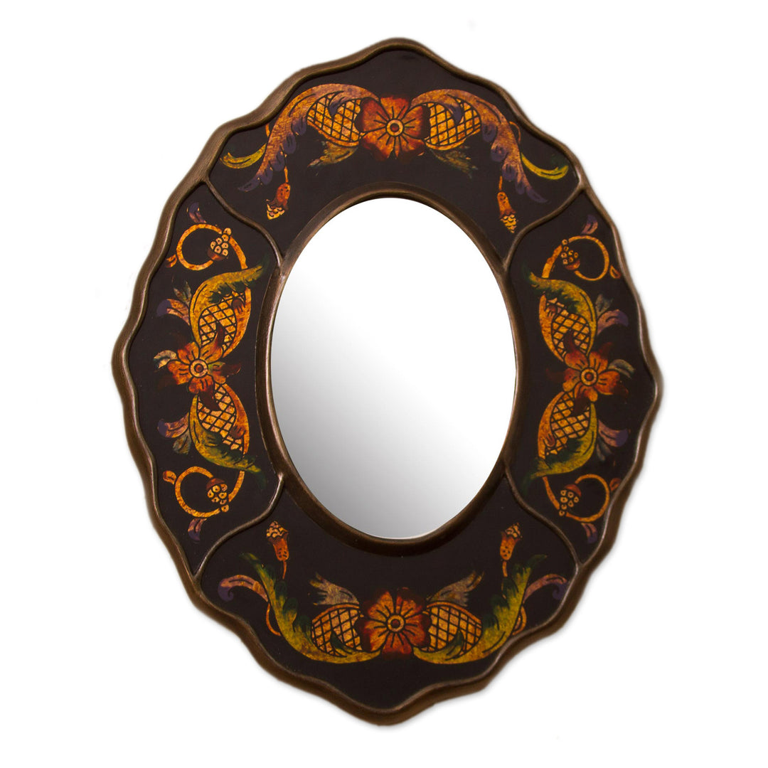 Black Floral Reverse-Painted Glass Wall Mirror from Peru - Black Colonial Wreath