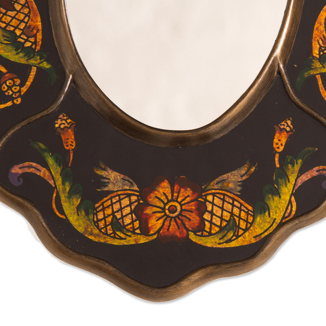 Black Floral Reverse-Painted Glass Wall Mirror from Peru - Black Colonial Wreath