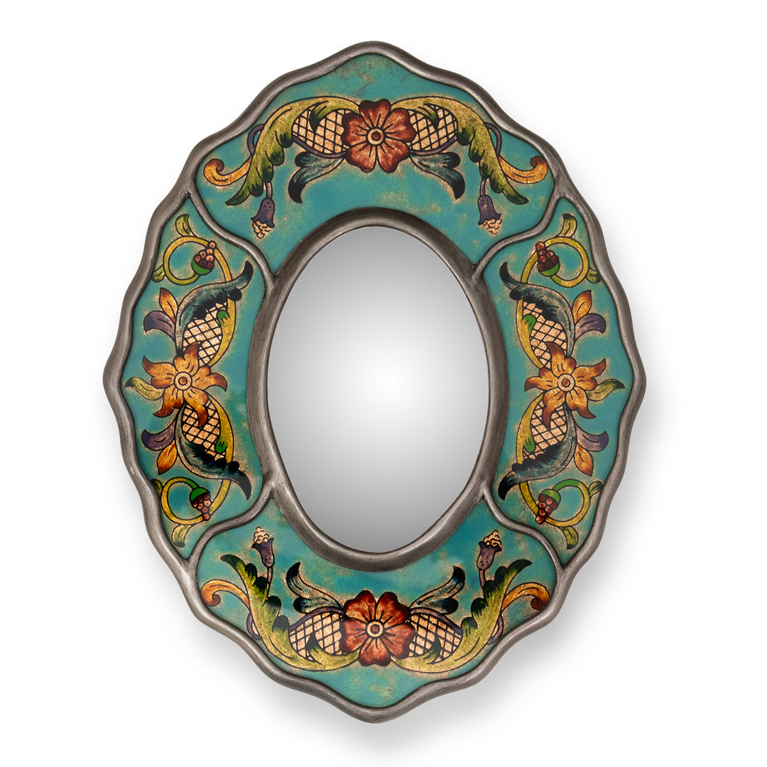 Turquoise Floral Reverse-Painted Glass Wall Mirror from Peru - Antique Reflections