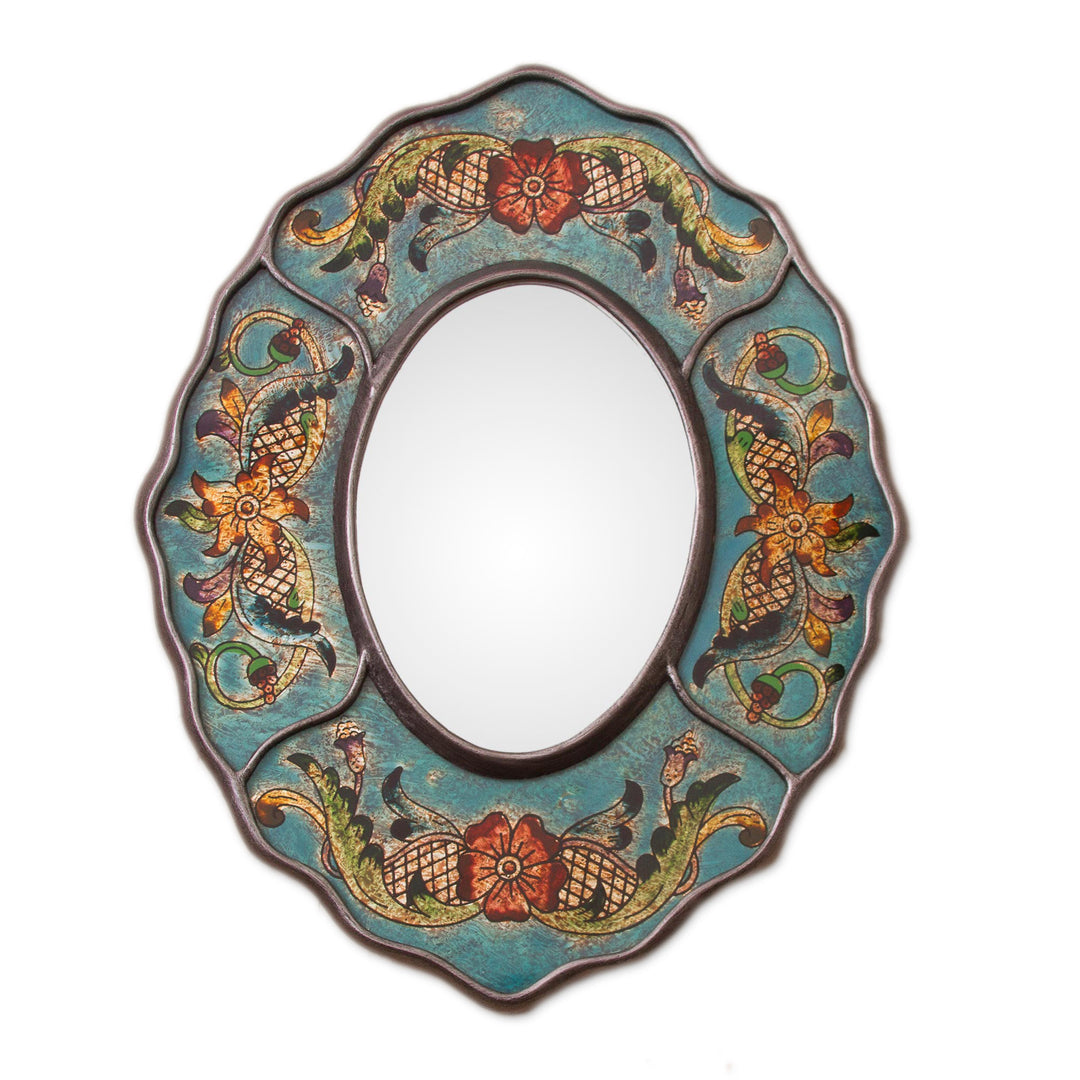 Turquoise Floral Reverse-Painted Glass Wall Mirror from Peru - Antique Reflections