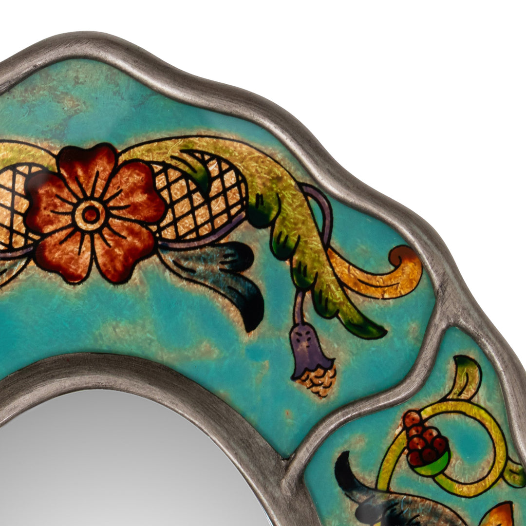Turquoise Floral Reverse-Painted Glass Wall Mirror from Peru - Antique Reflections