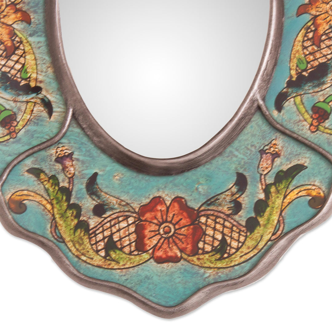 Turquoise Floral Reverse-Painted Glass Wall Mirror from Peru - Antique Reflections