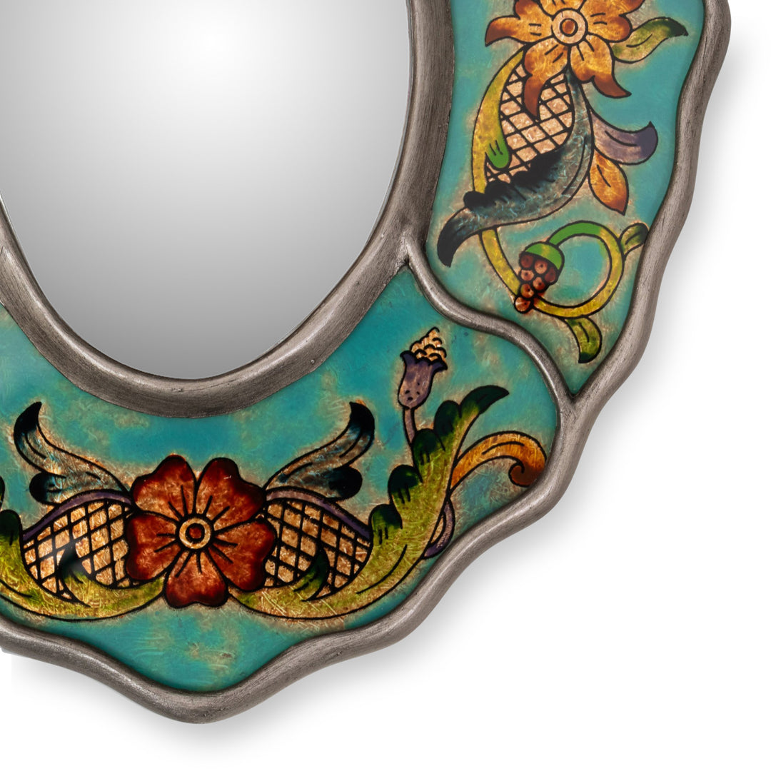 Turquoise Floral Reverse-Painted Glass Wall Mirror from Peru - Antique Reflections