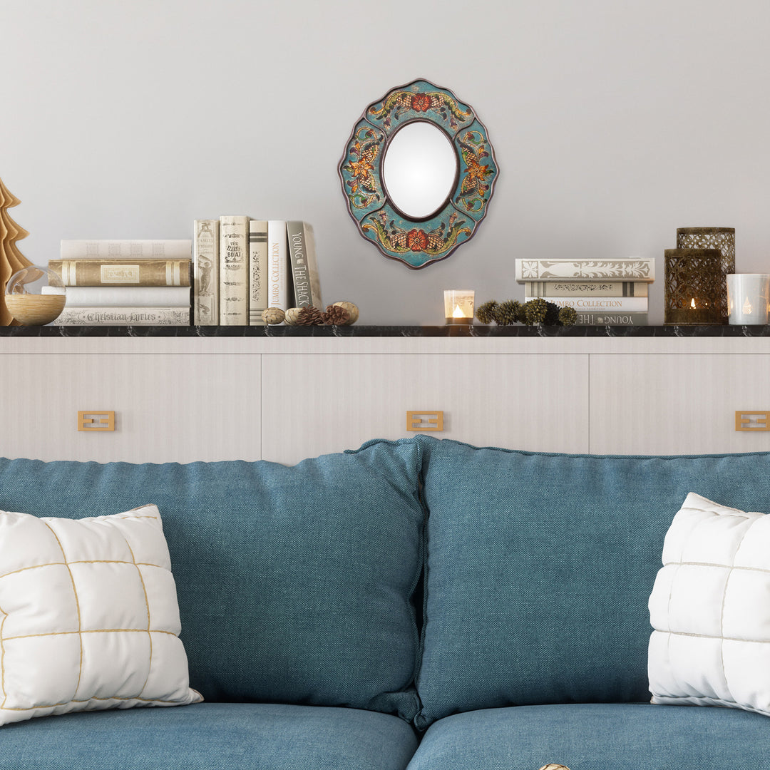 Turquoise Floral Reverse-Painted Glass Wall Mirror from Peru - Antique Reflections