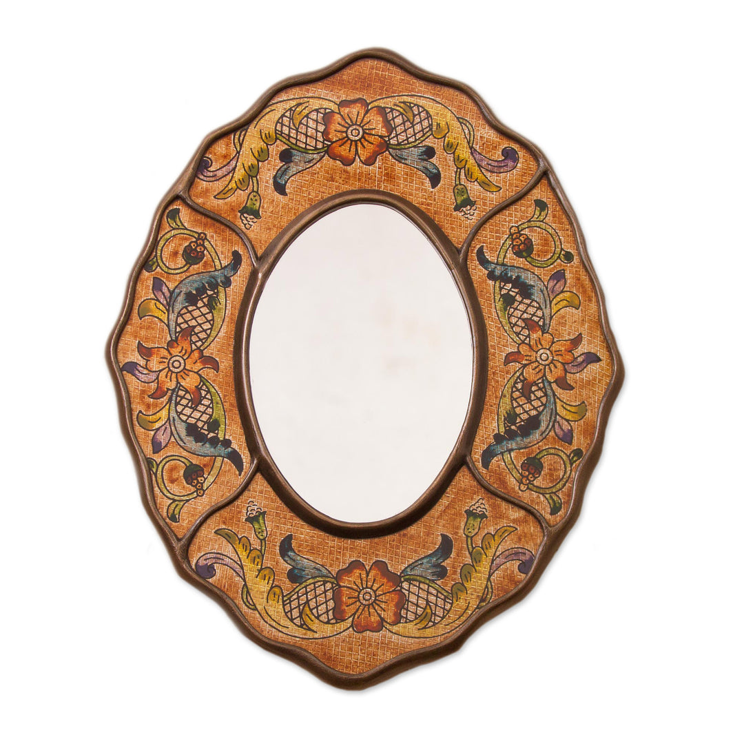 Brown Floral Reverse-Painted Glass Wall Mirror from Peru - Caramel Colonial Wreath