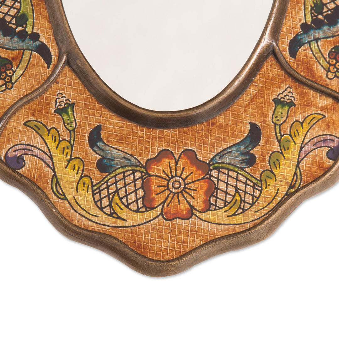 Brown Floral Reverse-Painted Glass Wall Mirror from Peru - Caramel Colonial Wreath