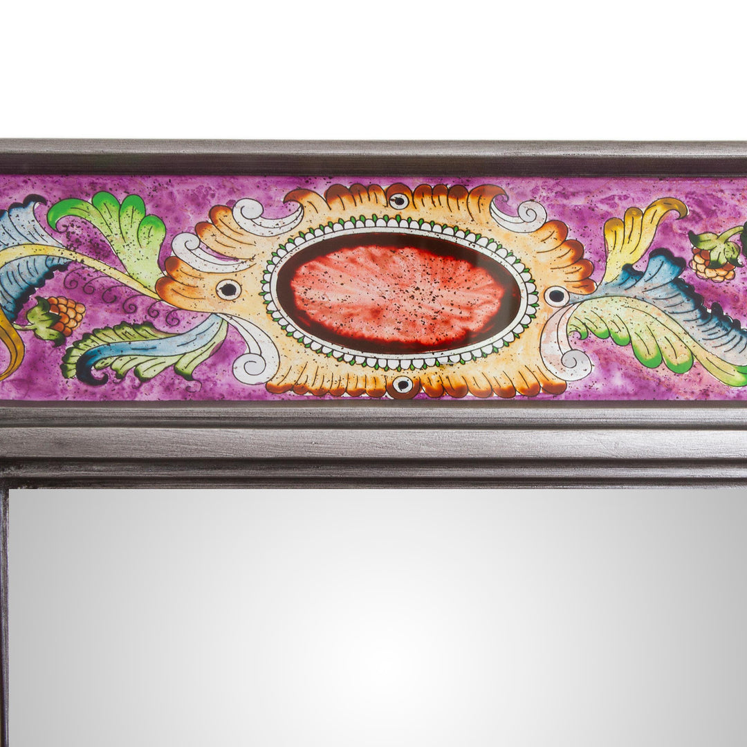 Floral Reverse-Painted Glass Wall Mirror in Purple from Peru - Floral Medallions in Purple