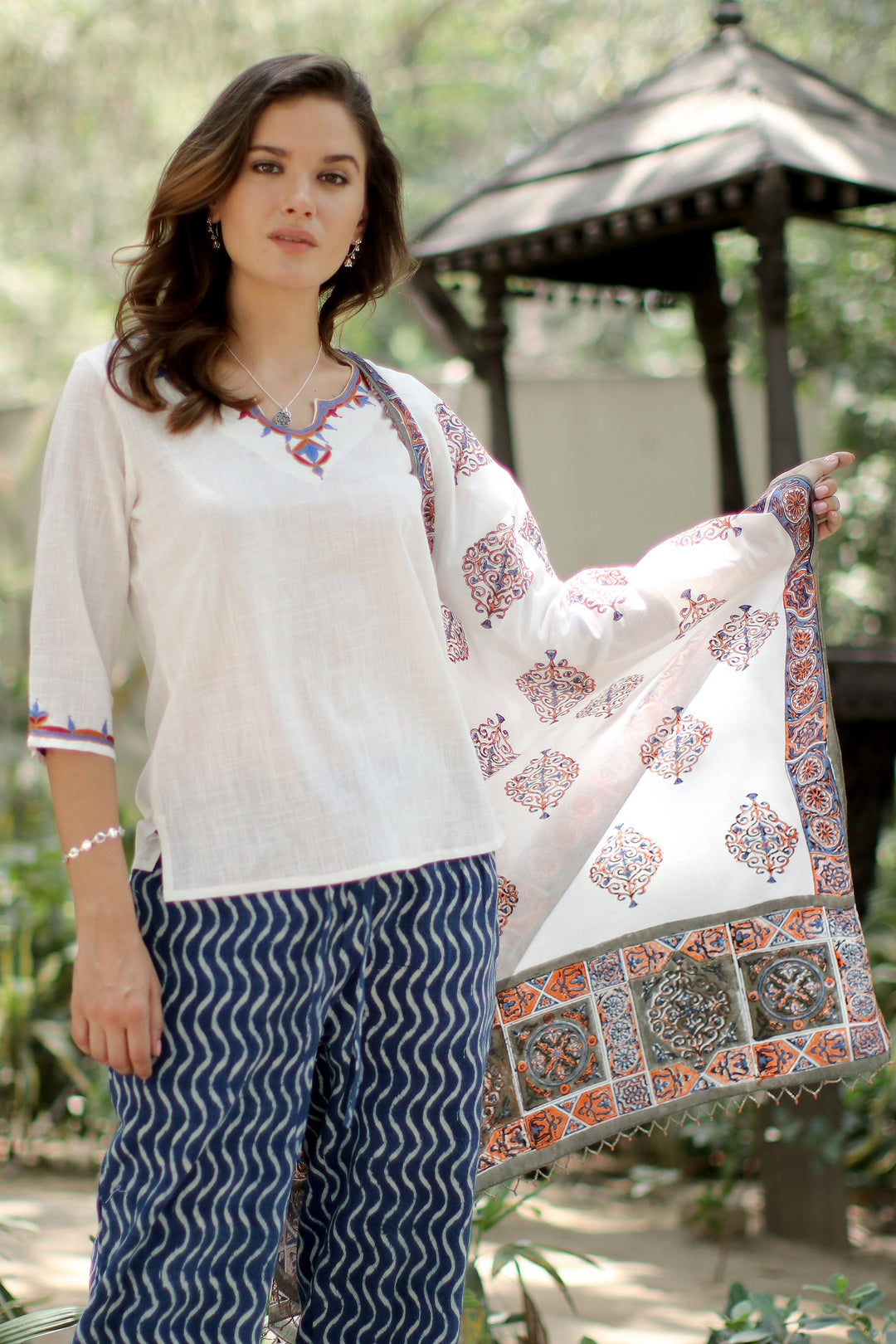 Block-Printed Cotton Shawl from India - Mughal Glory